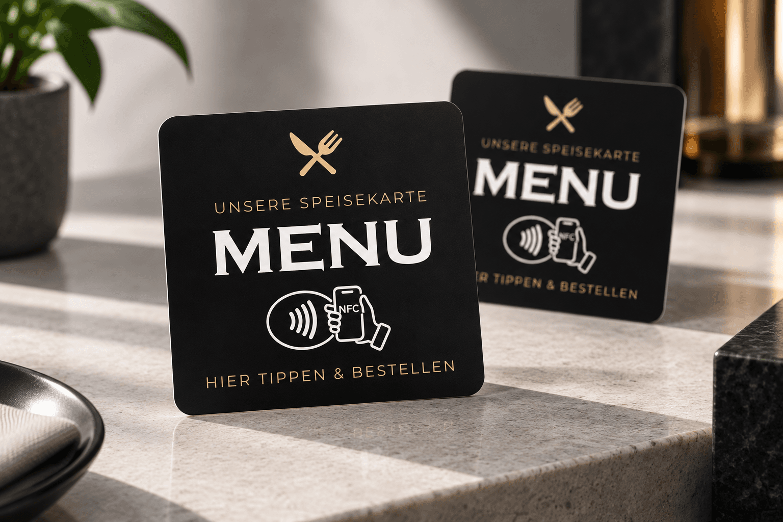 NFC Speisekarten-Karte von Majestic-Webs auf einem Restauranttisch – Gäste öffnen die digitale Speisekarte per Smartphone